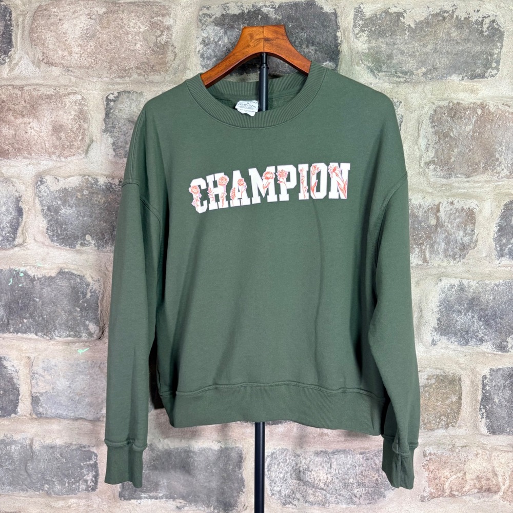 Champion Womens Floral Graphic Logo Crewneck Sweatshirt Olive Green GF535 Medium